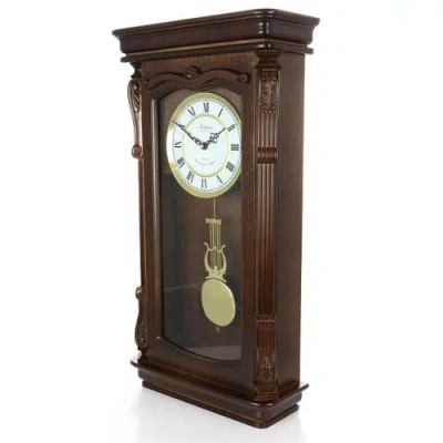 Bedford Clock Collection Rectangular Chiming Pendulum Wall Clock In Brown