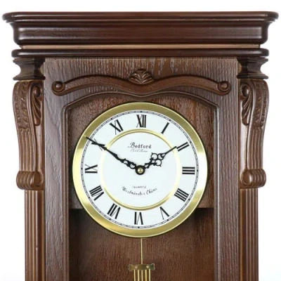 Bedford Clock Collection Rectangular Chiming Pendulum Wall Clock In Brown