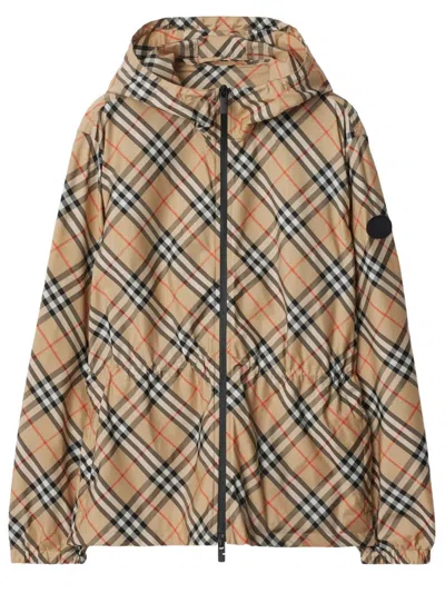 Burberry Check Pattern Jacket With Zip And Hood In Neutral