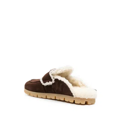 Prada Shearling-trim Logo-plaque Suede Mules In Brown
