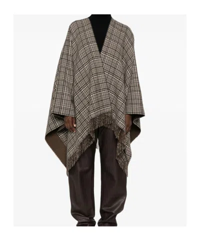Brunello Cucinelli Check-pattern Fringed Poncho In Brown