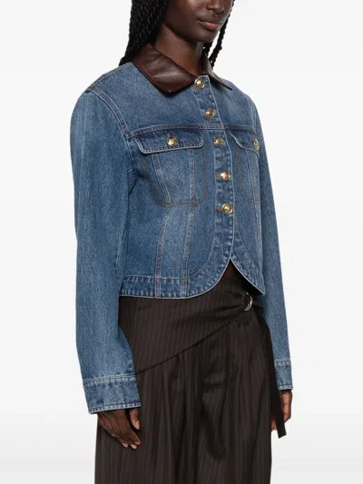 Sandro Leather-collar Button-up Denim Jacket In Multi