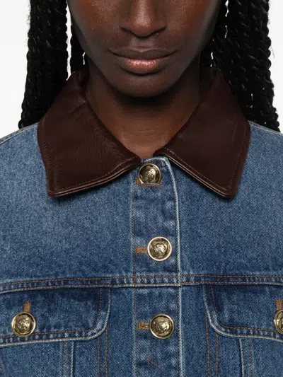 Sandro Leather-collar Button-up Denim Jacket In Multi