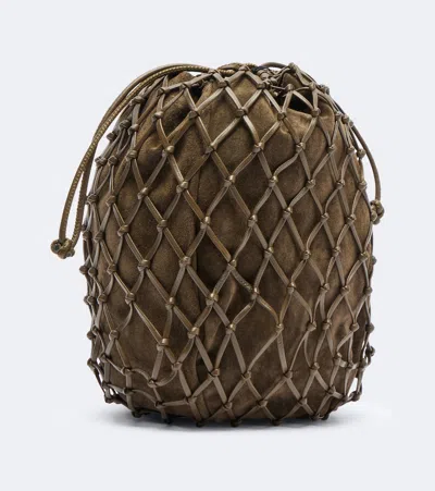 Savette Macramé Small Leather Pouch In Green