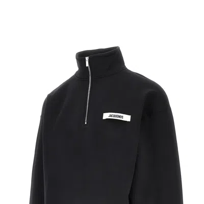 Jacquemus High Neck Zip Sweatshirt With Logo Detail And Gathered Cuffs In Black