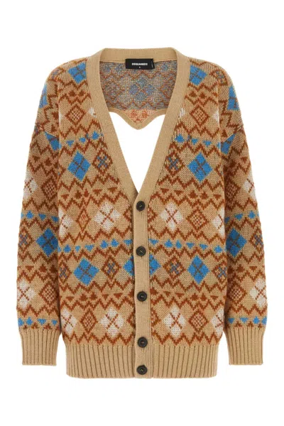Dsquared2 Argyle Motif Maxi Cardigan With Heart Shaped Cut Out Detail In Brown