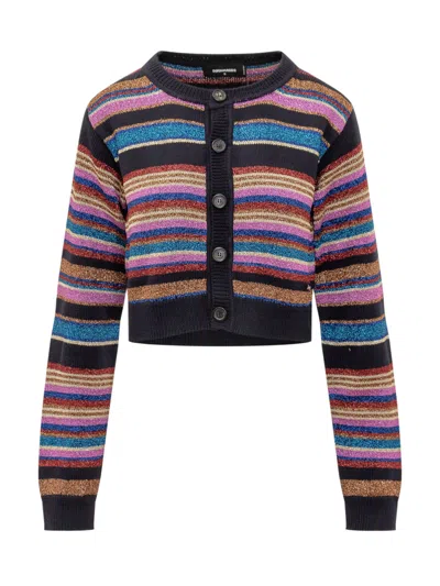 Dsquared2 Cropped Long Sleeve Striped Glitter Sweater In Multi