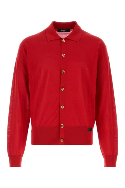 Versace Silk Blend Cardigan Collared Design In Red