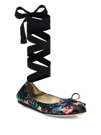 Shop Saks Fifth Avenue Floral-print Leather Ankle-wrap Ballet Flats