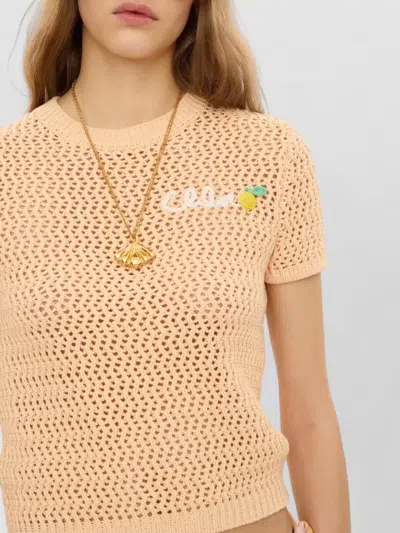 Chloé Chloe Logo-intarsia Open-knit Cotton T-shirt In Pink