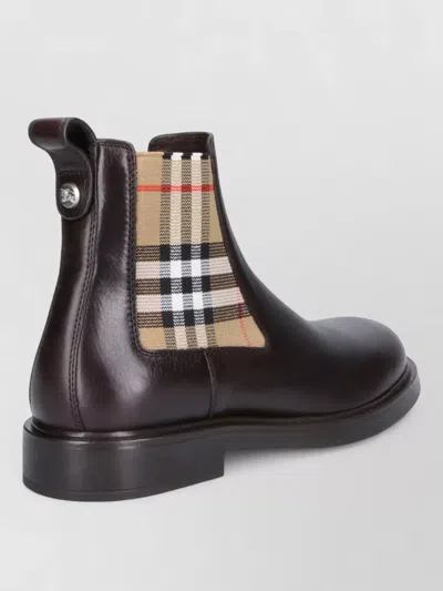 Burberry Check Pattern Ankle Boots Pull Tab Round Toe In Black