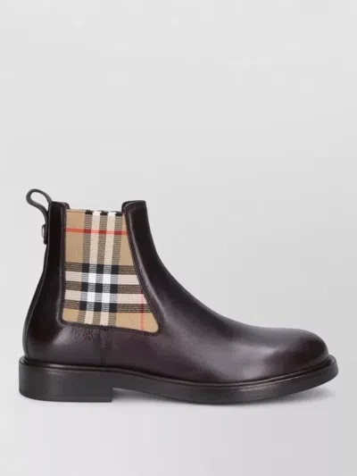 Burberry Check Pattern Ankle Boots Pull Tab Round Toe In Black