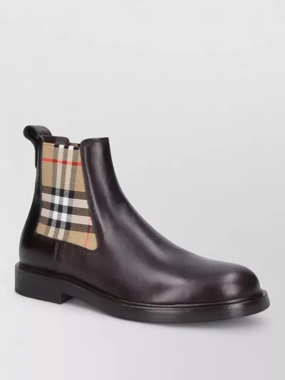 Burberry Check Pattern Ankle Boots Pull Tab Round Toe In Black