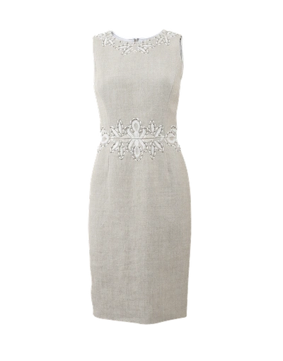Oscar De La Renta Linen Embroidered Dress In Flax-wht