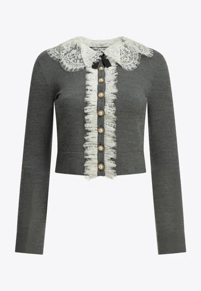Self-portrait Self Portrait Knitted Wool Cardigan With Lace Collar In Grey In Gray