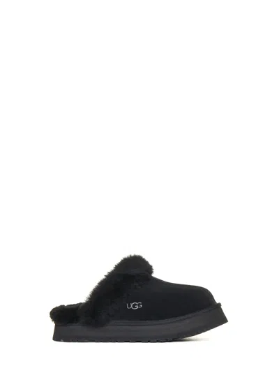 Ugg Disquette Mini Suede Slipper With Sheepskin Collar In Black