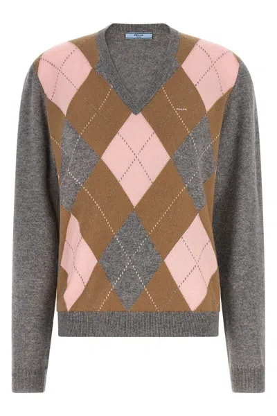 Prada Argyle-pattern V-neck Cashmere Sweater In Gray