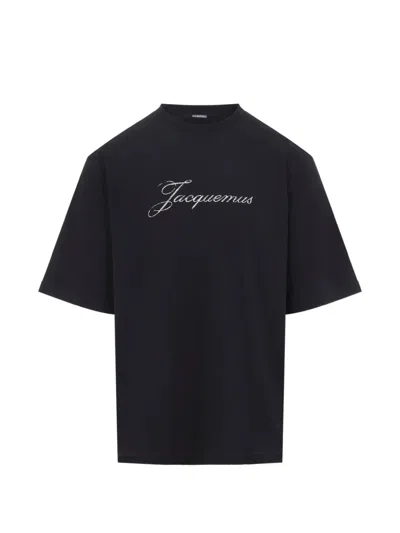 Jacquemus Relaxed Fit Black T-shirt With Cursive Script Logo In Black