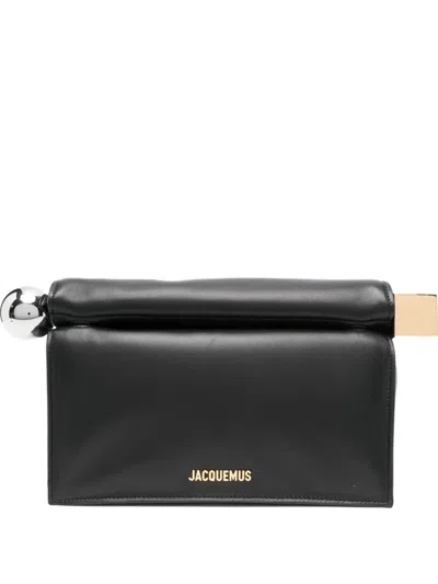 Jacquemus Rectangular Lamb Leather Clutch With Rolled Handle In Black