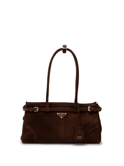 Prada Suede Shoulder Handbag With Adjustable Strap In Brown
