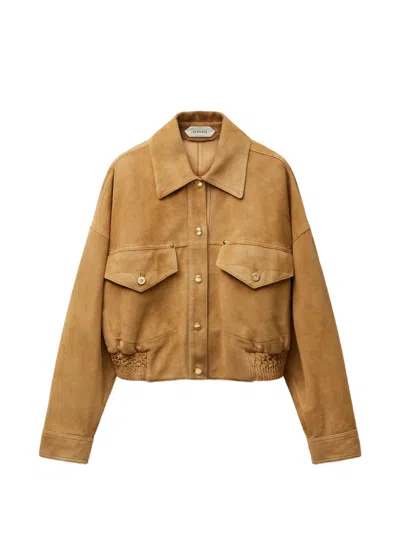 Versace Beige Suede Pointed Collar Elasticated Hem Jacket In Neutral