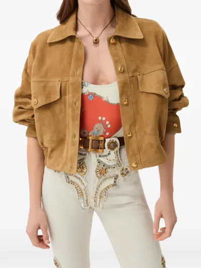 Versace Beige Suede Pointed Collar Elasticated Hem Jacket In Neutral