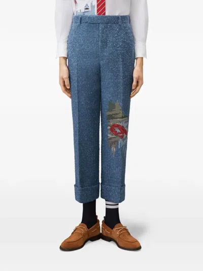 Thom Browne 부클레 트위드 자수 팬츠 In Blue