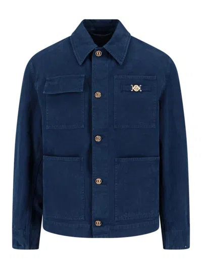 Versace Collared Jacket Front Pockets Gold Tone Hardware In Blue