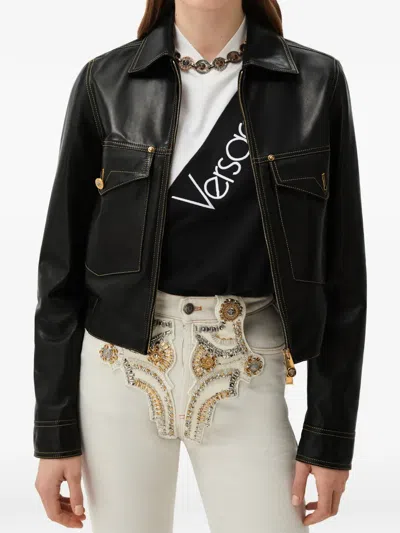 Versace Leather Collared Coat Front Pockets Stitching In Black