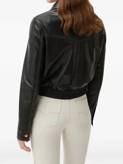 Versace Leather Collared Coat Front Pockets Stitching In Black