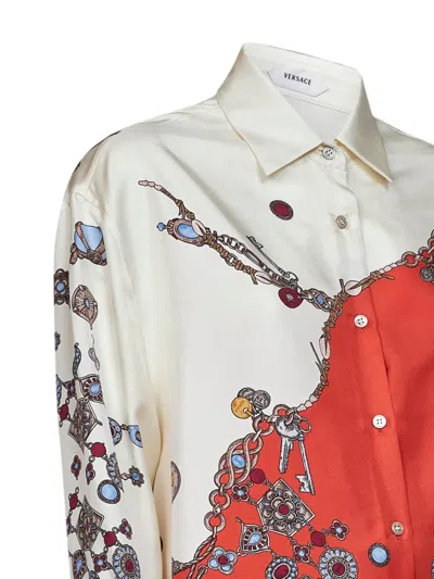 Versace Orange Printed Silk Twill Shirt In White