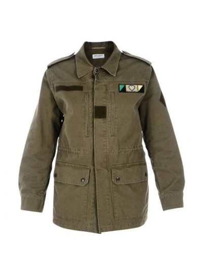 Shop Saint Laurent Khaki "love" Patch Military Jacket