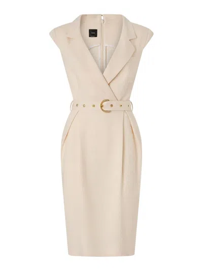 Pinko Amadine Dress Belted Waist Sleeveless V Neckline In Neutral