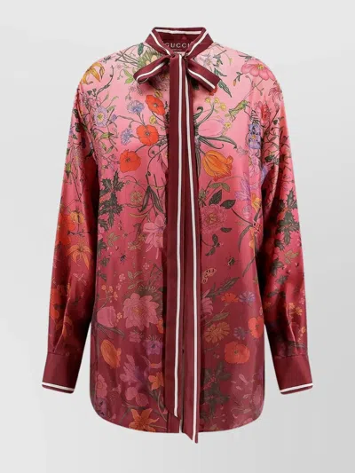 Gucci Bordeaux Shirt With Collar With Bow And All-over Flora Print In Silk Woman In Red