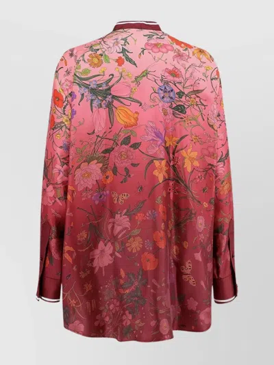Gucci Bordeaux Shirt With Collar With Bow And All-over Flora Print In Silk Woman In Red