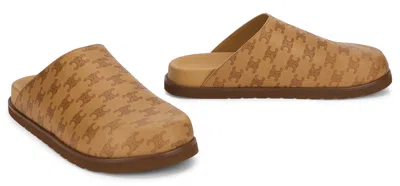 Celine Leather Clogs With Monogram Pattern In Brown