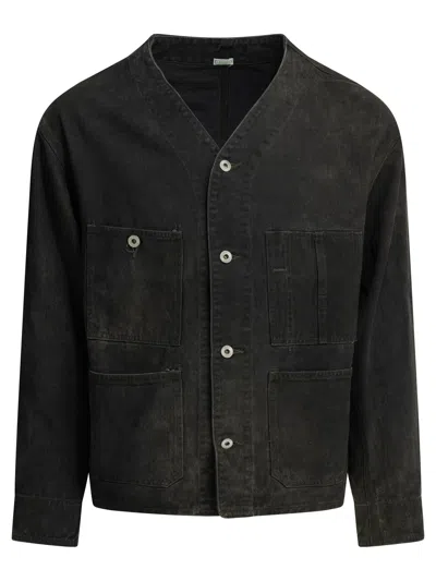 A.presse Engineer Collarless Multi-pocket Denim Jacket In Black