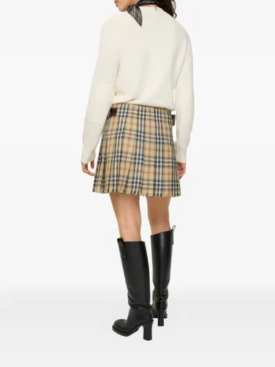 Burberry Women Beige Skirt With Adjustable Belt And All-over Check Motif In Wool Woman In Multi