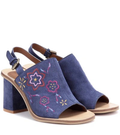 Shop See By Chloé Embroidered Suede Sling-back Sandals In Crosta