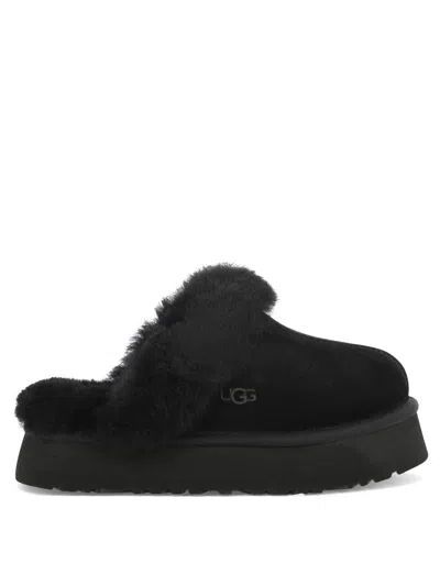 Ugg Disquette Mini Suede Slipper With Sheepskin Collar In Black