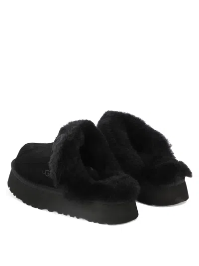 Ugg Disquette Mini Suede Slipper With Sheepskin Collar In Black