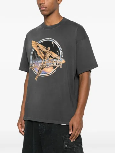 Represent Black Crew Neck T-shirt With Graphic Print On Front And Back And Faded Effect In Cotton Man In Black