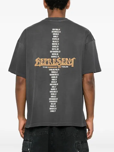 Represent Black Crew Neck T-shirt With Graphic Print On Front And Back And Faded Effect In Cotton Man In Black
