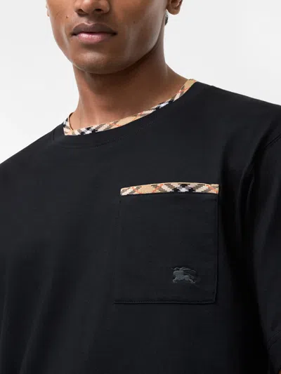 Burberry Cotton Logo T-shirt With Checkered Trim And Chest Pocket In Black