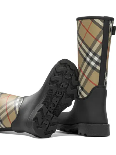 Burberry Woven Check Rain Boots With Adjustable Buckle And Equestrian Design In Black