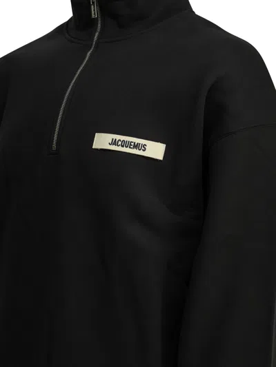 Jacquemus High Neck Zip Sweatshirt With Logo Detail And Gathered Cuffs In Black