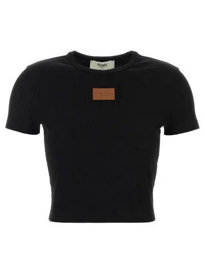 Fendi Cotton Crewneck Logo Top With Ribbed Knit And Leather Patch In Black