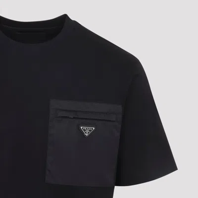 Prada Mens Black Re-nylon Logo-plaque Cotton-jersey T-shirt Xxl In Black