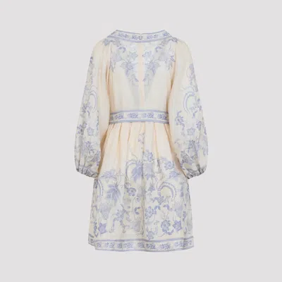 Zimmermann Womens Indra Plunge Linen Mini Dress Cream Lilac Floral In Neutral