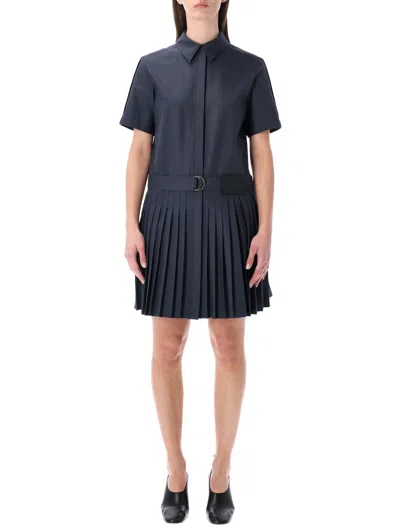 Loewe Structured Cotton-blend Gabardine Button-front Short Dress With Pleated Skirt And D-ring Belt In Blue